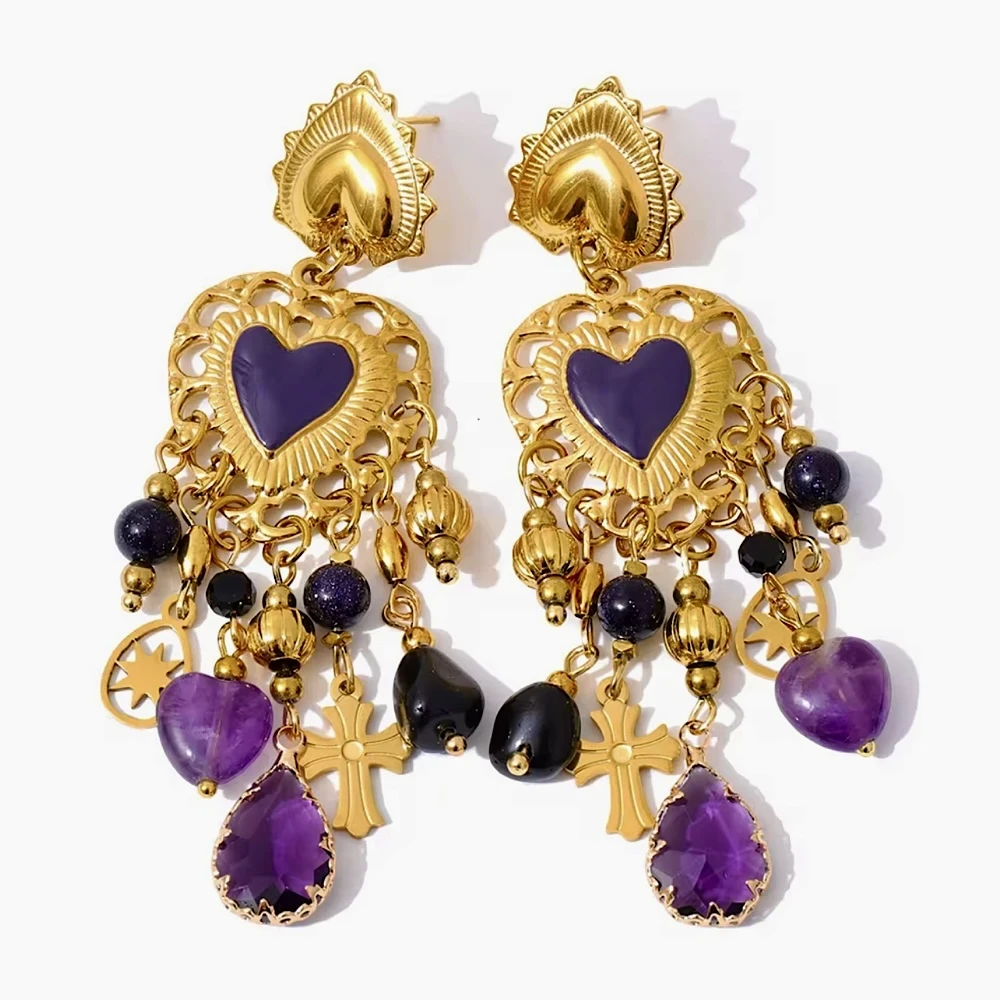 Sacred Heart Amethyst – Statement Σκουλαρίκια με Καρδιές & Φυλαχτά.